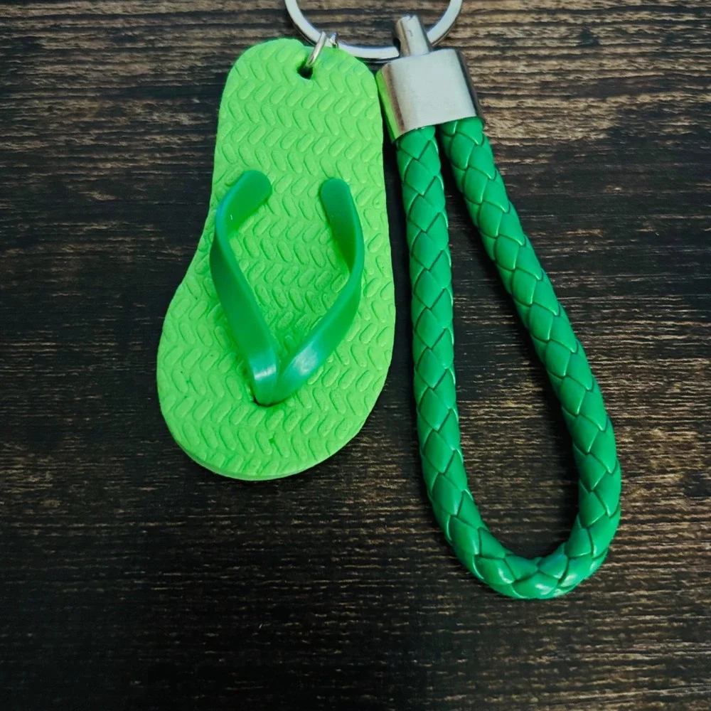 Green Flip Flop Keychain Braided Wristlet Strap Summer Beach Bag Charm Accessory
